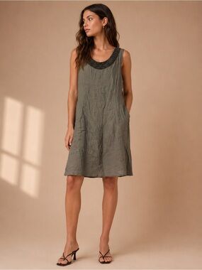 Lina Tomei Sleeveless Olive Linen Dress with Beaded Scoop Neck Size Medium
